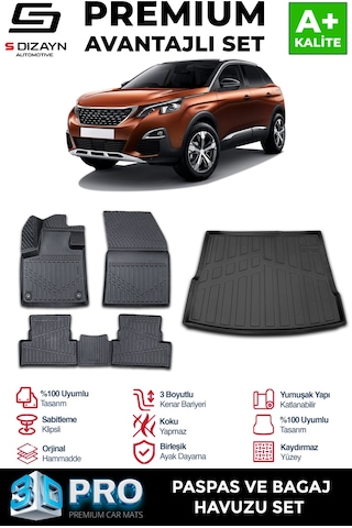 S-dizayn Peugeot 3008 3d Pro Havuzlu Paspas Ve Üst Bagaj Havuzu Seti 2'li Set 2016-2023 A+ Kalite