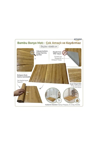 Bambu Banyo Matı, Kaydırmaz Tpe Tabanlı, Suya Dayanıklı, Rulo Yapılabilir, 45x68 Cm, Banyo Ve Mutfak İçin Diğer