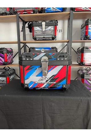 Rexx 45 Litre Motosiklet Arka Çanta Adventure Beyaz Kırmızı Mavi
