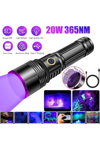 F.b.ı F-365 20watt Şarjlı 26650 Pilli Uv Led Mor Işıklı El Feneri Siyah