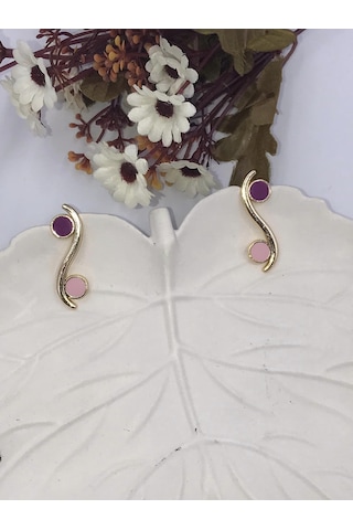 Aren Bijuteri Kadın Pembe Mor Daire Detaylı Gold Küpe Pembe - Mor