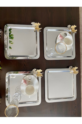 Atabey Home Collection 6 Adet Kahve & Çay & Sunum Tepsisi Metal Döküm Gümüş Tepsi Kelebek Aksesuarlı