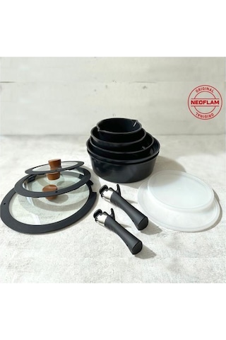 Neoflam Midas Siyah 12 Parça Yedek Kulplu Ayrılabilen Saplı Iç Içe Geçebilen Indüksiyonlu Tencere Tava Set