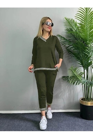 Kadın Uzun Kollu Ribana Detay Viskon Iki Iplik Ikili Takım Haki