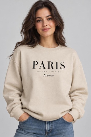 Gıovera Paris Şehir Yazılı Bisiklet Yaka Kadın Sweatshirt Bej