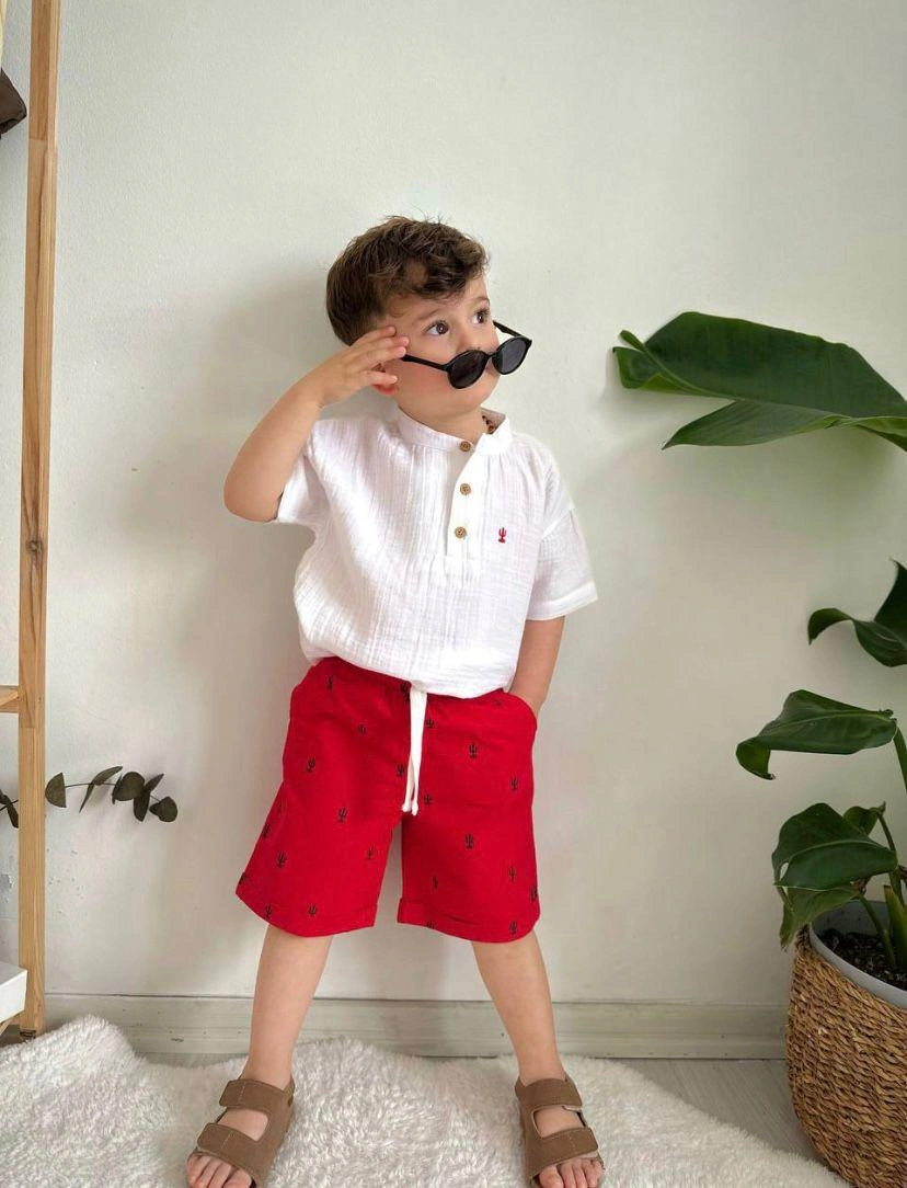 Cg Kids Kaktüs Nakışlı Müslin Hakim Yaka Gömlek Alt Ince Keten Ka Kırmızı