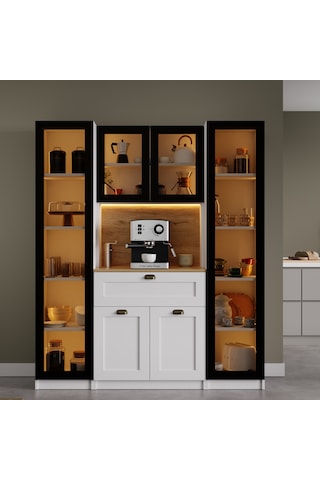 Nero Duo Kahve Köşesi Ve Kiler Dolabı Alüminyum Çerçeveli Cam Kapaklı Led Aydınlatmalı 190 X 160 Cm Beyaz
