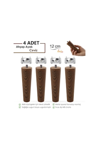 4 Adet Ahşap Ayak 12 Cm Ceviz M8 Civatalı Bağlantı Aparatlı Dolap Mobilya Koltuk Kanepe Destek Ayağı Ayakları Ceviz