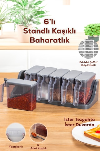 Porsima 1182 6 Lı Standlı Kendinden Yapışkanlı Kapaklı Kaşıklı Baharatlık Takımı -etiketli Baharatlık Antrasit