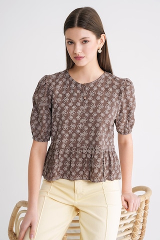 Mixray 4688 Kadın Balon Kol Çiçek Desenli Peplum Bluz Kahve