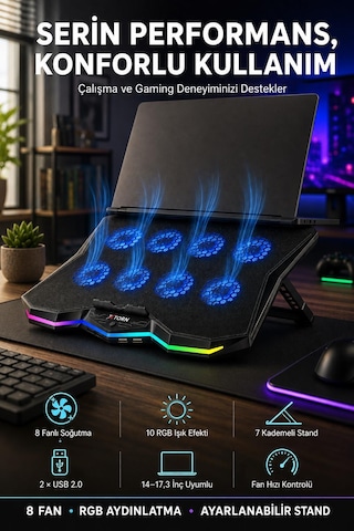 Torn Rgb Laptop Soğutucu 8 Fanlı Ayarlanabilir Standlı Notebook Soğutucu