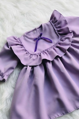 Fırfır Ve Kurdele Detaylı Lila Krep Tasarım Kız Çocuk Bebek Elbise 001