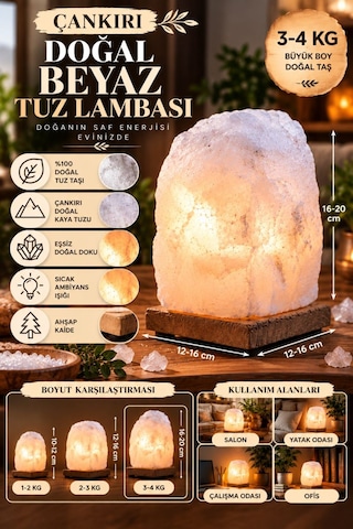 Çankırı 3-4 Kg Beyaz Doğal Kaya Tuzu Lambası Ahşap Kaideli Dekoratif Lamba