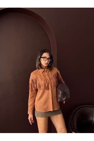Verymoda Püsküllü Droplı Scuba Süet Gömlek - F2029 Taba
