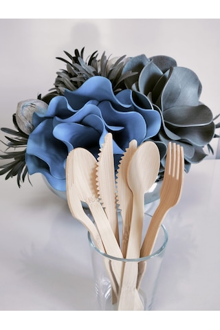 Kullan At Ahşap Bambu Tahta Kaşık Çatal Bıçak Set 24 Lü 17cm 8 Çatal 8 Kaşık 8 Bıçak Bej