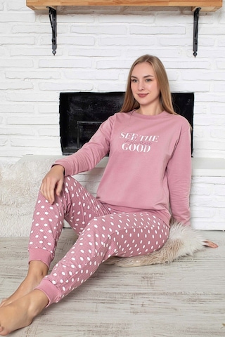 Guava Kadın Bisiklet Yaka Bilek Manşet/lastikli 2 İplik Cepli Kışlık Jogger Eşofman Pijama Takımı Homewear Pembe