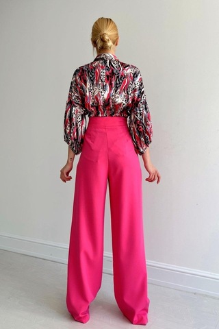 Beli Lastikli Saten Gömlek - Fuşya Karışık Çok Renkli