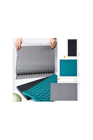 Sones 62 X 40 Cm Üç Katlı Silikon Drenaj Pedi Kase Ve Bulaşık Kurutma Matı Mutfak Tezgahı İçin Siyah
