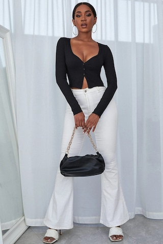 Moda Dua Kadın Siyah Uzun Kollu Düğmeli Göğüs Ve Göbek Dekolteli Crop Top Bluz