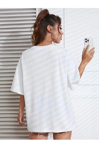 Efnaz Style New York Baskılı Oversize Bisiklet Yaka T-shirt - Beyaz