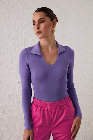 Sateen Polo Yaka Triko - Lila-132055 Lila