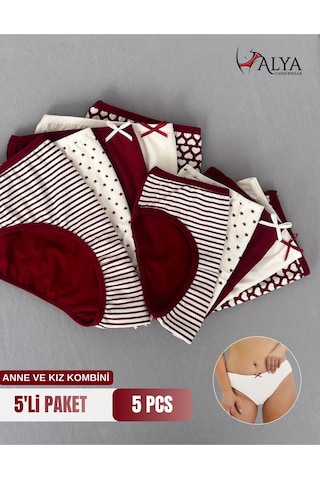 Alya Underwear Anne Kız Kombin Pamuklu Külot - Beyaz Slip İç Çamaşırı - 5'li Paket Bordo P27