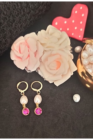 24k Altın Kaplama Gerçek İnci Zirkon Taşlı Pembe Tasarım Küpe Pem Gold