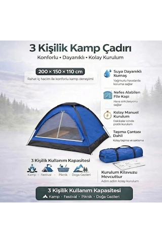3 Kişilik Manuel Kamp Çadırı Düz Kapılı Outdoor Aile, Doğa, Piknik Ve Kamp Çadırı 200x150x110 Cm Çok Renkli