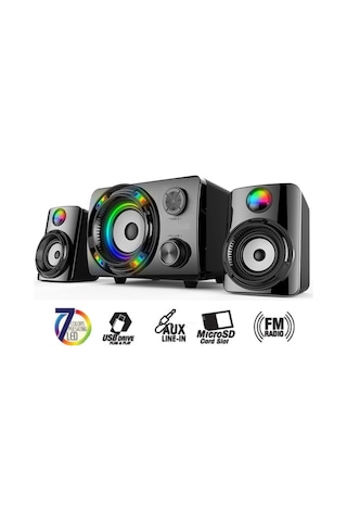 Ecco3 Btu 2.1 Kanal Speaker Rgb Led Işıklı Hafıza Kartı Ve Usb Girişli Fm Radyolu Bluetooth Hoparlör Pc Tv Laptop Bilgisayar Uyumlu