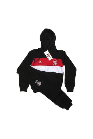 5-16 Yaş Arası Penye Kumaş Kapüşonlu Spor Eşofman Takım Siyah - Beyaz