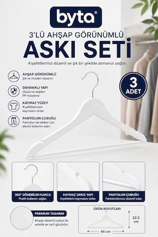 3'lü Beyaz Ahşap Görünümlü Elbise Askısı Seti 44 Cm Kaymaz Pantolon Çubuklu Kıyafet Askılığı Beyaz