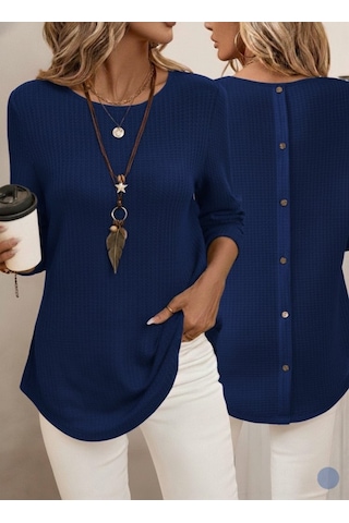 Tua Moda Kadın Uzun Kollu Yuvarlak Yaka Arkadan Düğmeli Waffle Bluz Lacivert