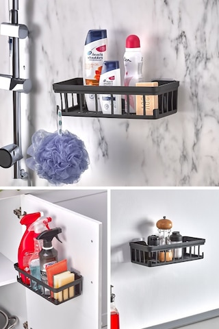 İndecor Houseware 1 Adet Oslo Banyo Düzenleyici Deterjanlık Sabunluk 1'li Yapışkanlı Eviye Altı Düzenleyici Organizer Siyah