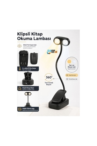 Gözü Yormayan Klipsli Kitap Okuma Işığı 3w Smd Led Mandallı Pilli Lamba 360 Esnek Boyun Sarı Ve Beyaz Işık Siyah