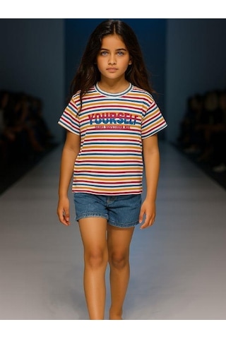 Cicihlid Çocuk Çizgili Pamuklu T-shirt-15895 Renkli