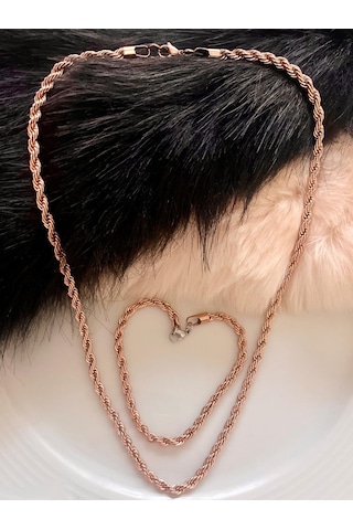 Unisex Rosegold Kalın 3mm Burgu Çelik Kolye Ve Bileklik Set Rose Gold