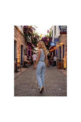 Zdnjeans Kadın Buz Mavi Denim İkili Takım Kolsuz Crop Bluz & Bol Paça Pantolon