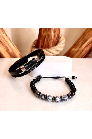 %100 Deri&hematit 3lü Erkek Bileklik Set 22 Cm Türk El Yapımı