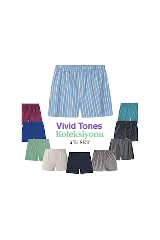 Yohannes Club Boxer Erkek, 5'li "vivid Tones Koleksiyonu" % 100 Pamuklu Poplin Kumaş, Canlı Renkler, 5 Adet Asorti