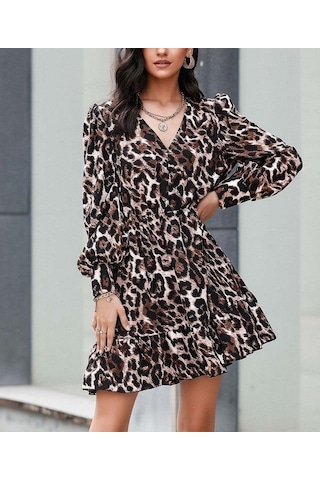 Tua Moda Kadın Uzun Kollu Beli Lastikli Etek Ucu Volanlı Leopar Desen Krep Elbise Leopar