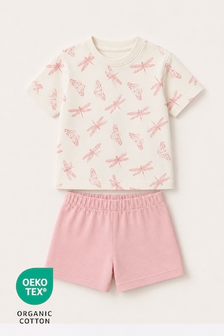 Luppinos %100 Pamuk Kelebek Baskılı Bisiklet Yaka Çift Cepli Bebek-çocuk Tshirt Şort Set Beyaz - Açık Pembe