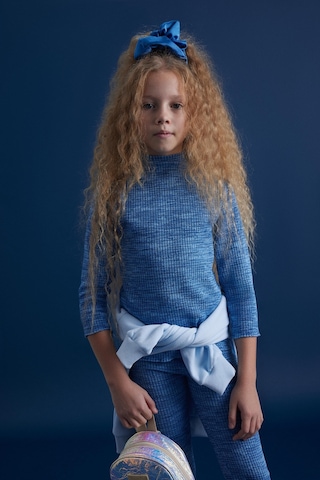 Luess Kız Çocuk Fitilli Esnek Kumaş Balıkcı Yaka Bluz Tayt Takım-Mavi