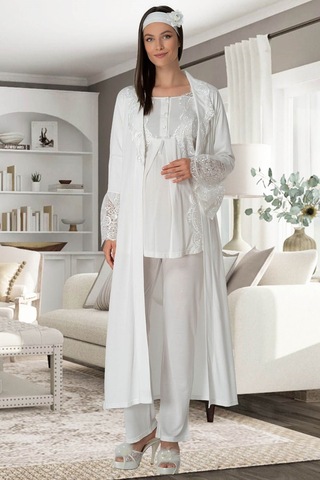 Mecit Pijama 5353 Sandra Dantelli Yaka Sabahlıklı Lohusa Pijama Takımı 001