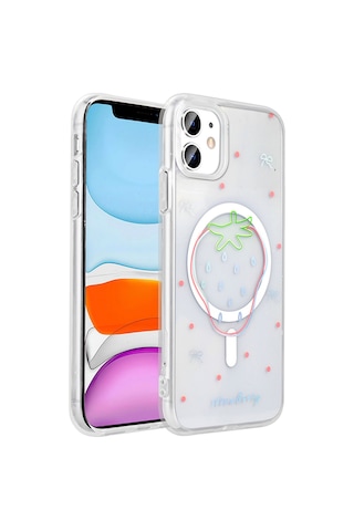Techaks Apple Uyumlu iPhone 11 Kılıf M-safe Şarj Özellikli Şeffaf Zore Folk Sert Kapak - Çilek Beyaz
