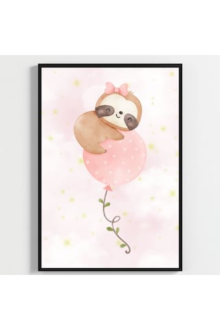 Besay Sevimli Tembel Hayvan Bebek Odası Duvar Dekorasyonu Pembe Bulutlu Ve Balonlu Çocuk Odası Posteri 3'lü Set A2 Çerçev