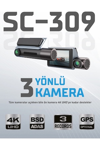 Kayıt Cihazı 4k 3.2'' Dokunmatik Ekran 3 Kameralı Araç İçi Kamera Sc-309