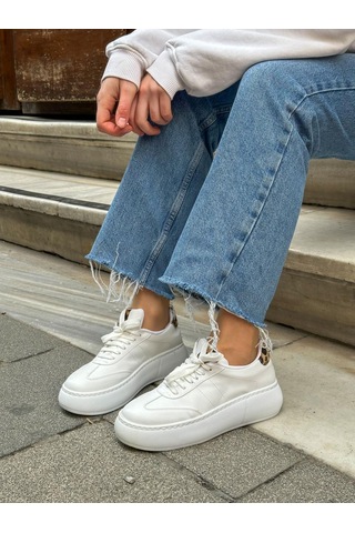 Erva'nın Butiği Beyaz Cilt Leoy Leopar Bağcıklı Kadın Sneakers-5724