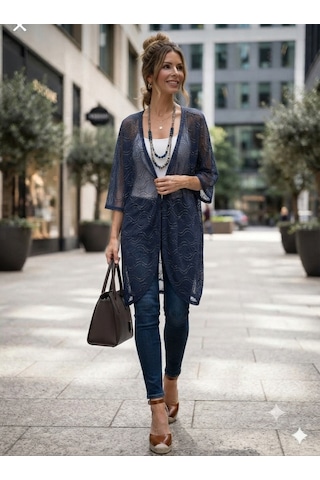 Lacivert Gold Detaylı Örme Kimono