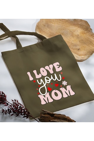 Bk Gift Anneler Günü Tasarımlı Haki Kumaş Bez Çanta, Baskılı Omuz Çantası, Alışveriş Çantası, Anneler Günü Hediyesi, Anneye Hediye-2 Çok Renkli