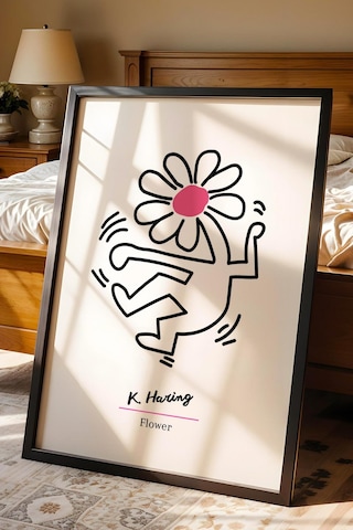Keith Haring Flower Çerçeveli Tablo - Dans Eden Çiçek - Eklektik Tarz Duvar Dekoru